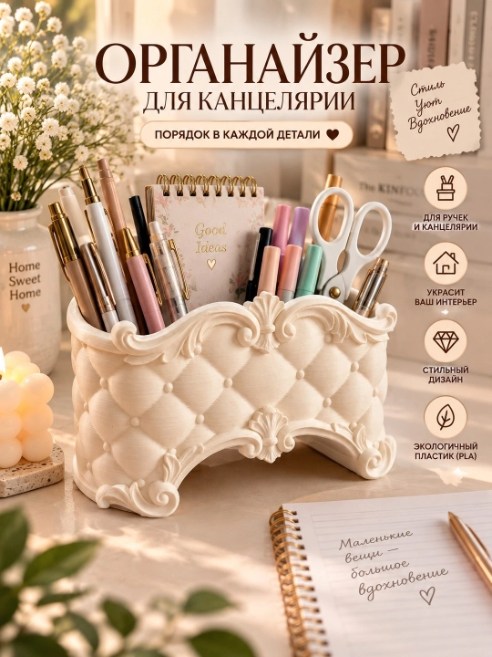 Ruchka, qalam va kanselyariya uchun vintage uslubidagi 3D organayzer - 