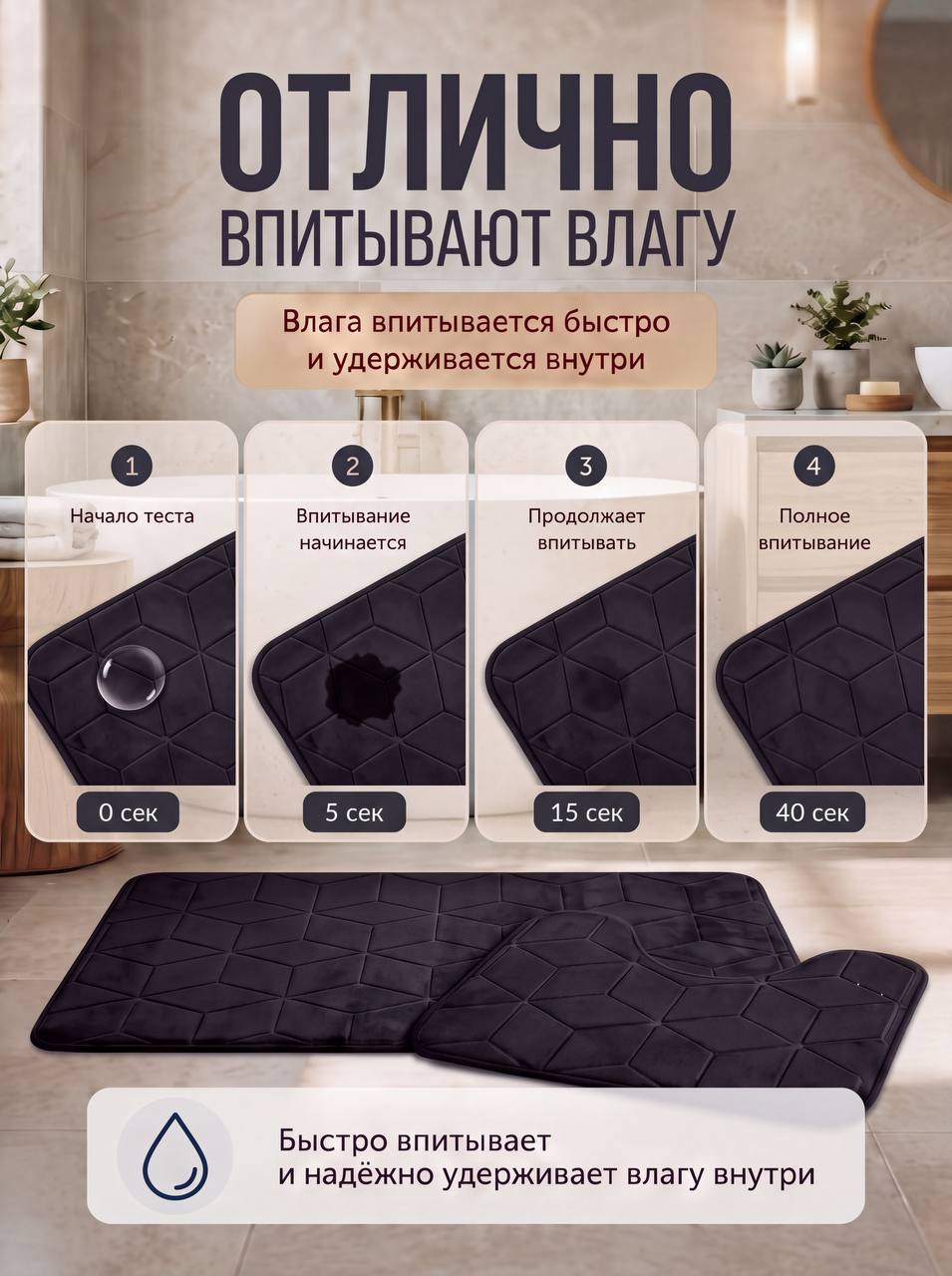 Коврик для ванной и туалета, противоскользящий, 2 штуки, с вырезом