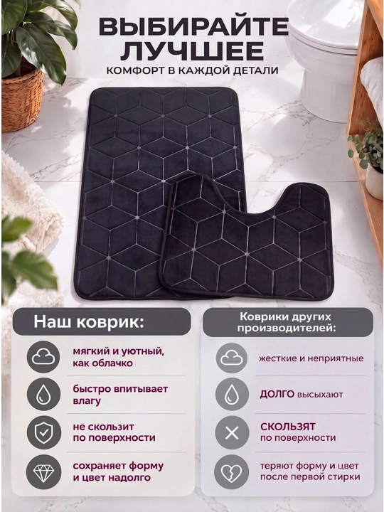 Коврик для ванной и туалета, противоскользящий, 2 штуки, с вырезом