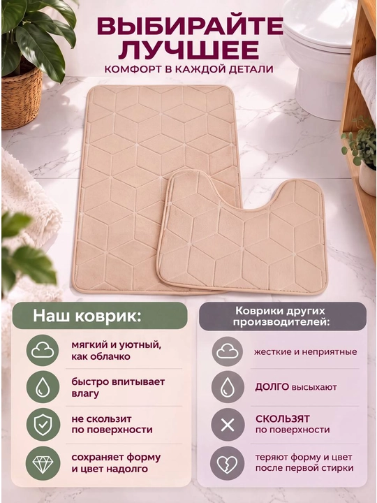 Коврик для ванной и туалета, противоскользящий, 2 штуки, с вырезом