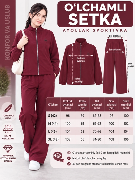 Ayollar sport kostyumi, ikki qismli to'plam, kofta va shim, qulay kiyimlar, 42-48