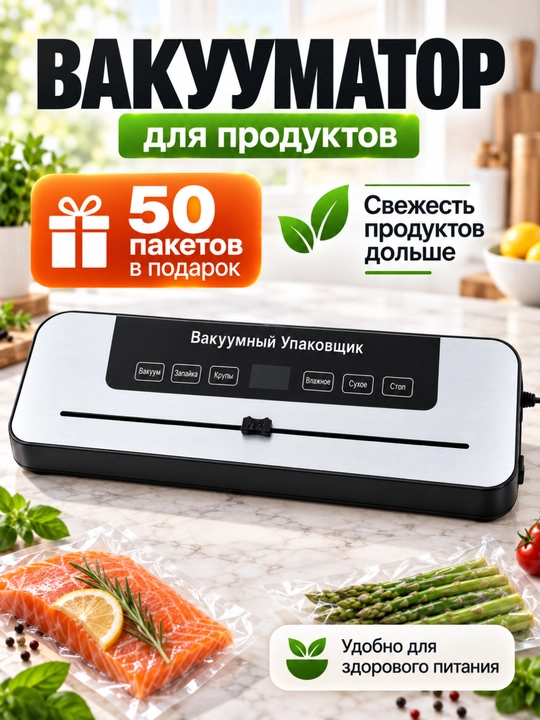 Vakuum apparati, oziq-ovqat uchun vakuumli qadoqlash mashinasi + 50 ta paket 20×25 sm - 