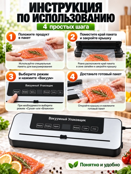 Вакуумный упаковщик для продуктов, вакууматор + 50 пакетов 20×25 см