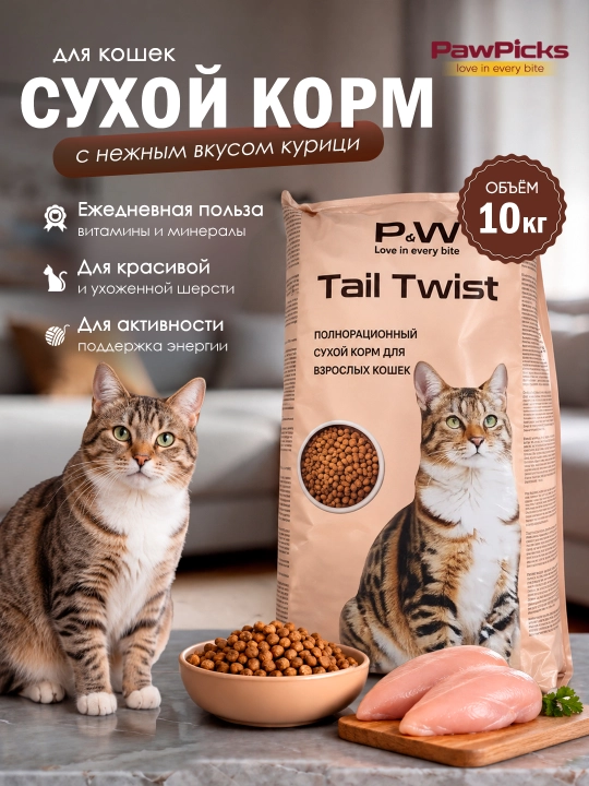 Paw Picks Tail Twist сухой корм для кошек с курицей 10 кг