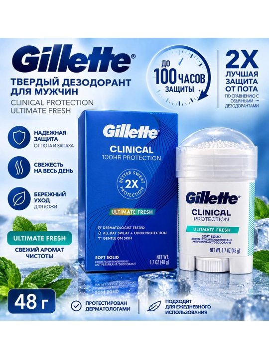 Антиперспирант-стик Gillette Clinical Protection Ultimate Fresh, 48 г - 