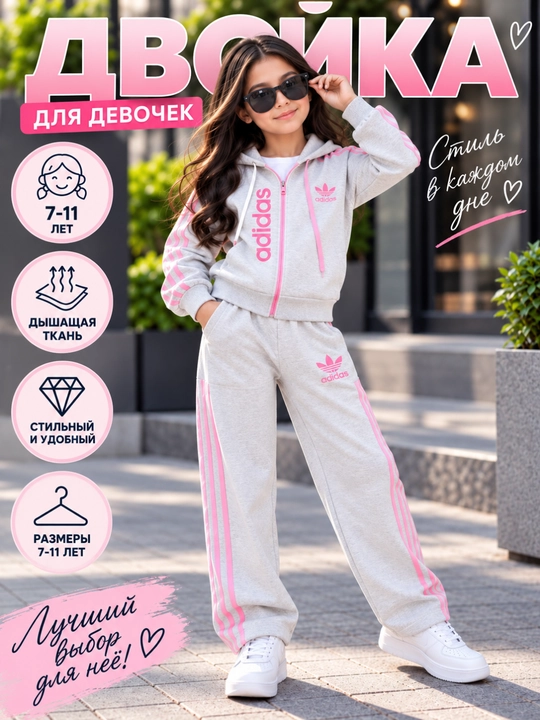 Qizlar uchun ikki qismli sport kostyumi, 7–11 yosh, bolalar sport kiyimi, qulay to‘plam - 