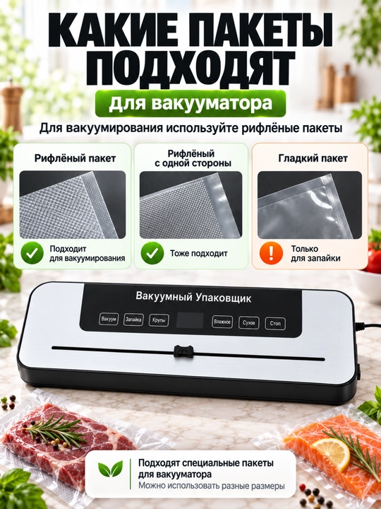 Вакуумный упаковщик для продуктов, вакууматор + 50 пакетов 20×25 см