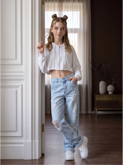 Ayollar yirtiq keng jinsilari (Destroyed Wide Jeans)