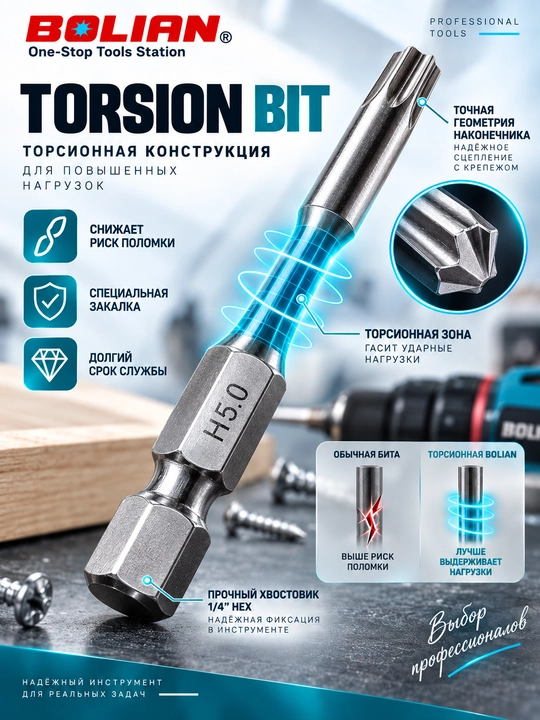 BOLIAN torsion bitalar to‘plami, 10 dona, 50 mm, 1/4″ dyuymli