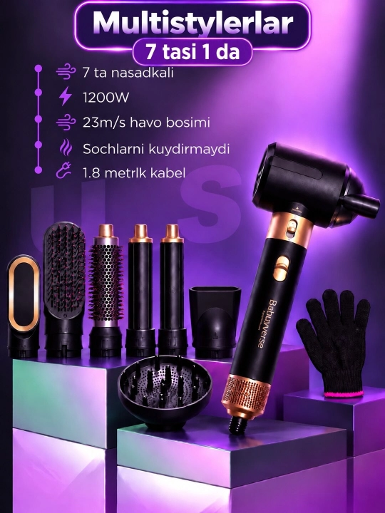 1200 Vt quvvatli Dyson Babyverse soch stileri, "5 da 1" va "7 da 1" komplektatsiyasida
