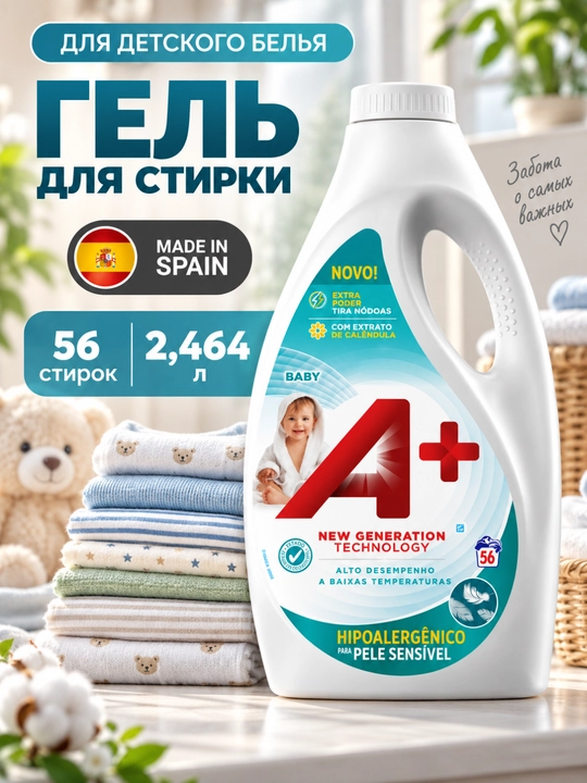 Гель для стирки детского белья A+ Baby 2,464 Л, 990 Л - 