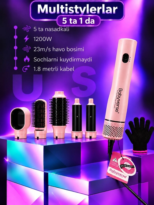1200 Vt quvvatli Dyson Babyverse soch stileri, "5 da 1" va "7 da 1" komplektatsiyasida