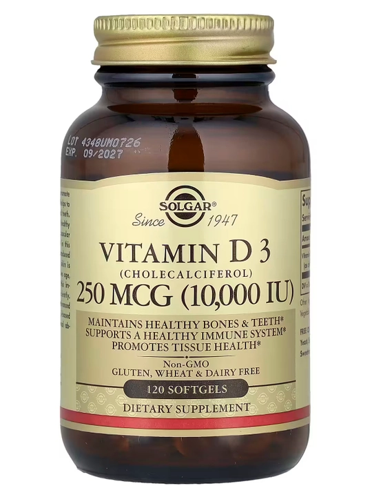 Vitamin D3 (Cholecalciferol), Solgar, 250 mcg (10000 IU), 120 kapsula