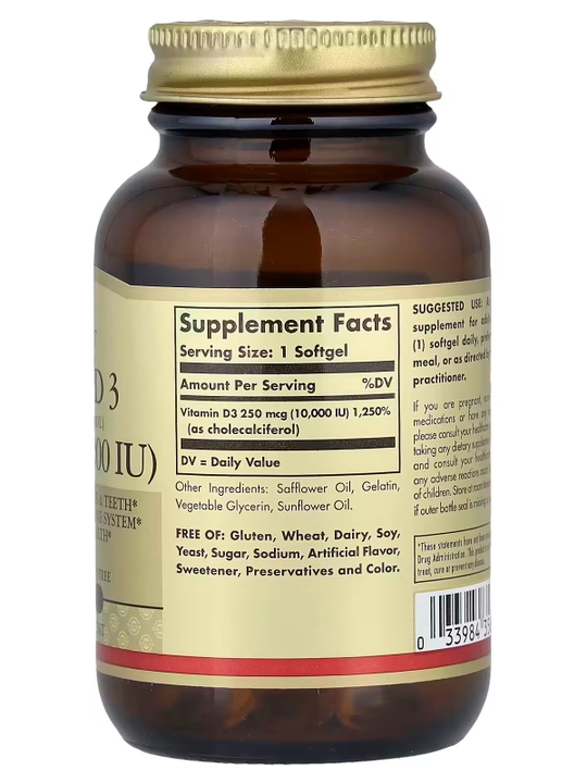 Vitamin D3 (Cholecalciferol), Solgar, 250 mcg (10000 IU), 120 kapsula