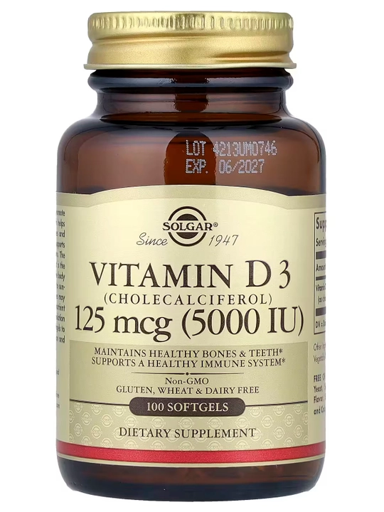 Vitamin D3 (Cholecalciferol), Solgar, 125 mcg (5000 IU), 100 kapsula
