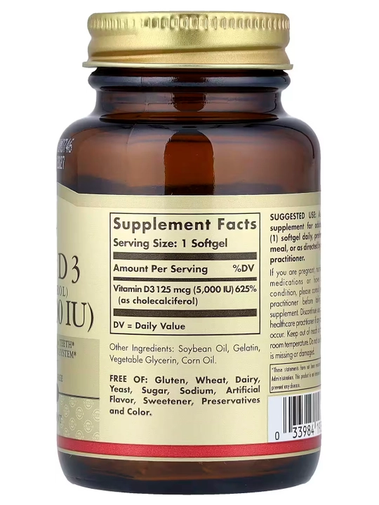 Vitamin D3 (Cholecalciferol), Solgar, 125 mcg (5000 IU), 100 kapsula