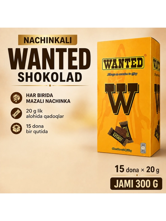 15 шт шоколад с начинкой WANTED по 20г, размер упаковки 18,5 × 10 см, производитель Ne’mat