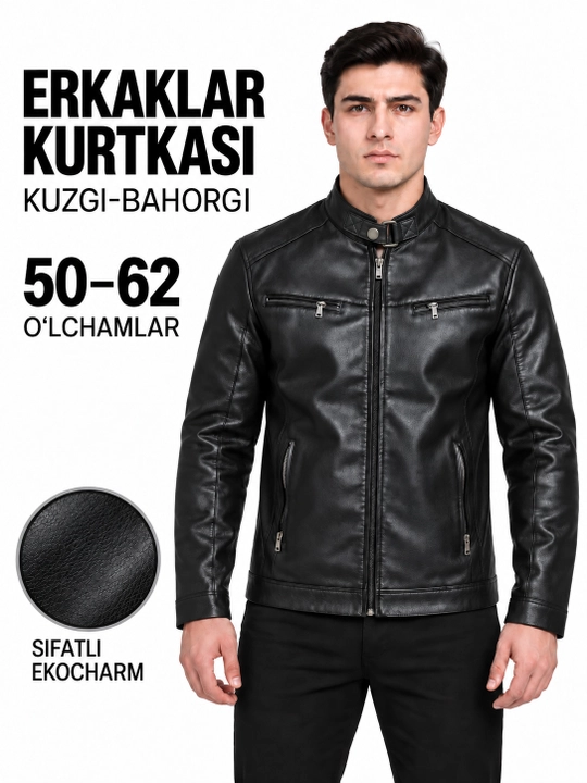 Erkaklar yengil charm kurtka, dermantin, bahor-kuz, Xitoy, ekokoja, klassik, zamokli, qora - 