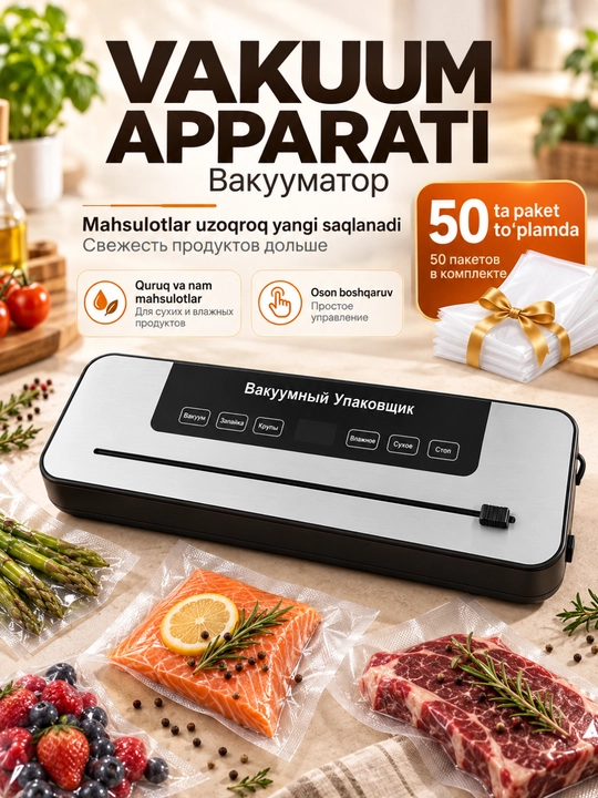 Vakuum apparati — mahsulotlar uchun vakuumli qadoqlash mashinasi + 50 ta paket sovg‘a - 