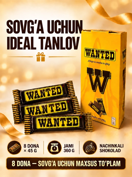 8 dona WANTED nachinkali shokolad, 45g, o‘lchami 18.5 × 10 sm, ishlab chiqaruvchi Ne’mat - 