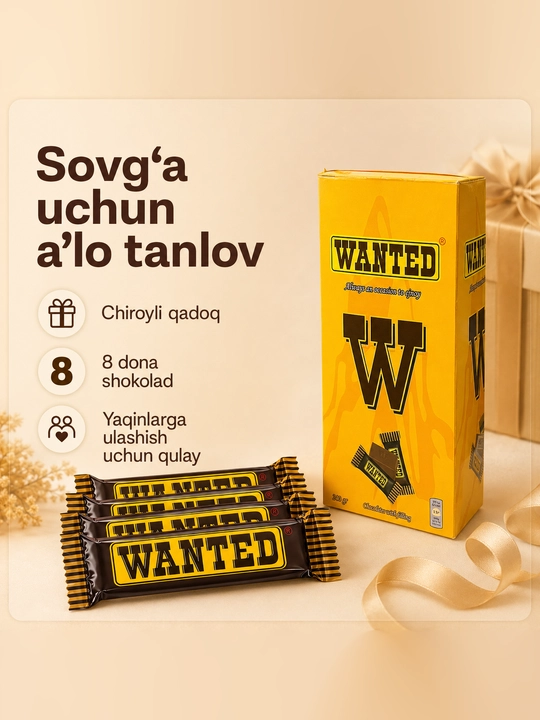 8 dona WANTED nachinkali shokolad, 45g, o‘lchami 18.5 × 10 sm, ishlab chiqaruvchi Ne’mat