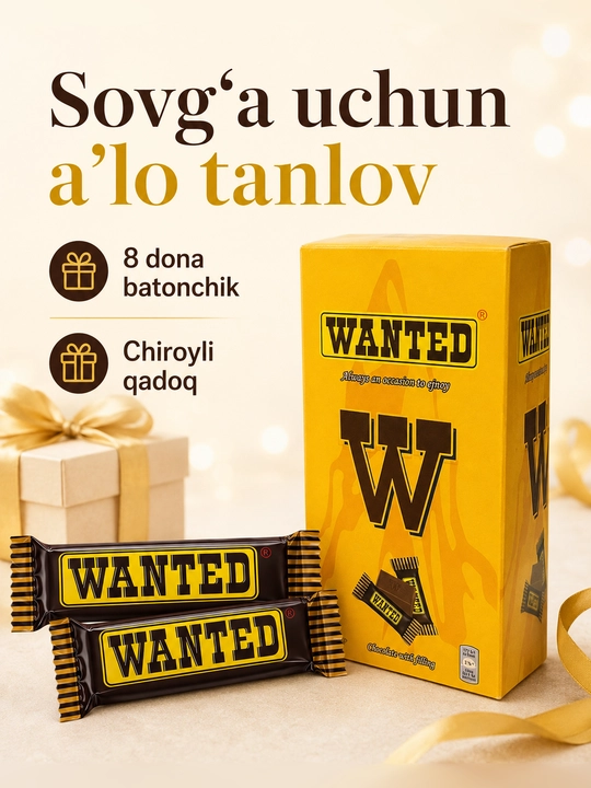 8 dona WANTED nachinkali shokolad, 45g, o‘lchami 18.5 × 10 sm, ishlab chiqaruvchi Ne’mat