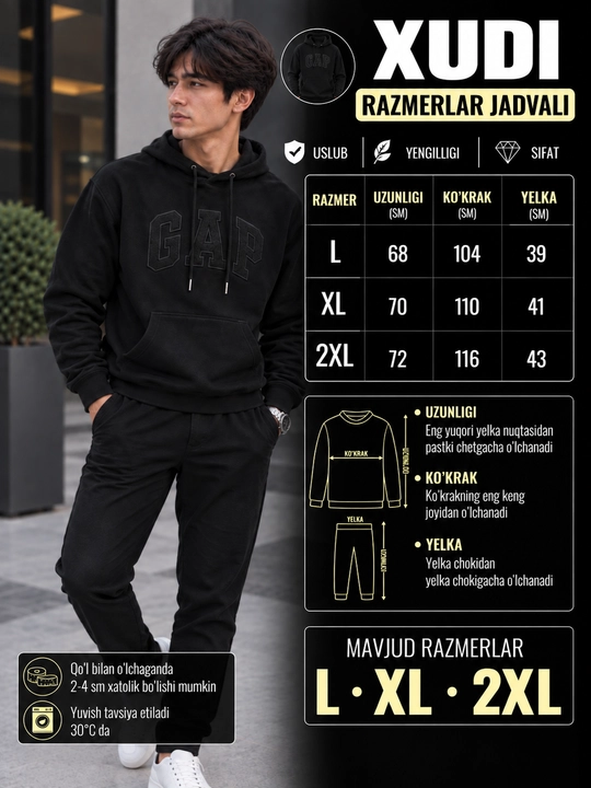 Erkaklar uchun GAP yozuvli kapyushonli hudi —xudi, oversize, uzun yengli, keng cho‘ntakli - 