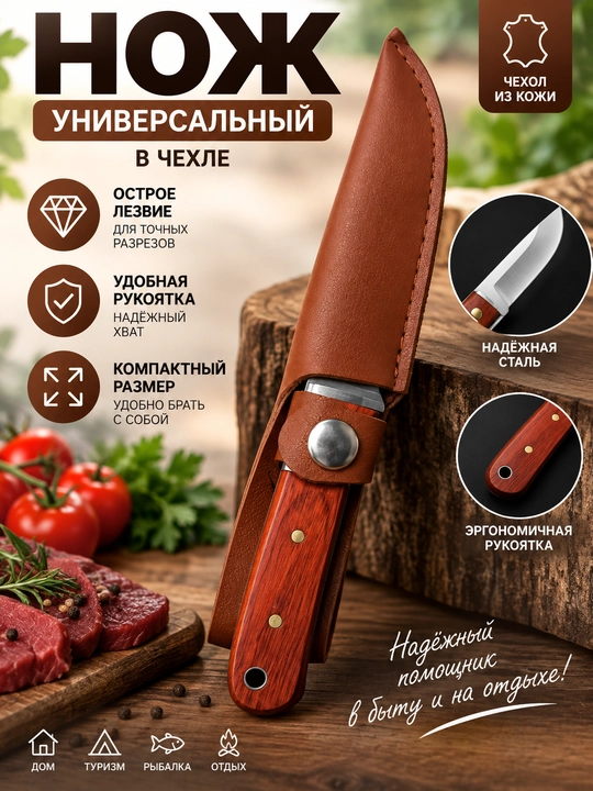 Universal oshxona pichog‘i, o‘tkir tig‘li, yog‘och dastali va charm g‘ilofli qulay oshxona - 