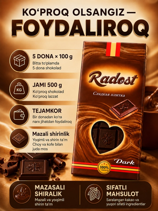 5 dona Radost shokolad plitkalari, 100 g sutli shokolad, 16,5 × 8 sm