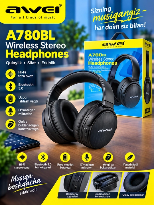 Беспроводные наушники Awei A780BL Wireless Stereo Headphones, Bluetooth 5.0, с микрофоном - 