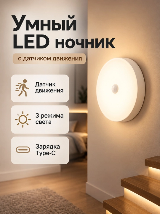 Harakat sensorli LED tungi chiroq, Type-C, 6 Vt, 500 mA/soat quvvatga ega, akkumulyatorli - 