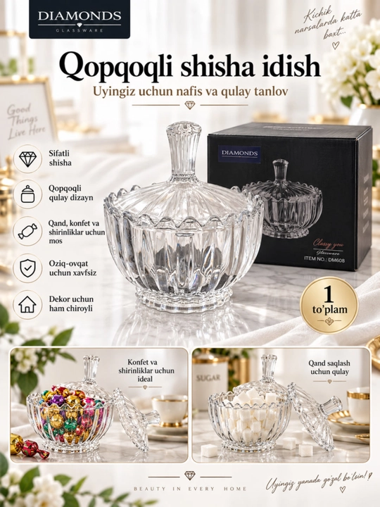 Diamonds Qopqoqli shisha idish — Shirinliklar, qand va mevalar uchun nafis shaffof idish - 
