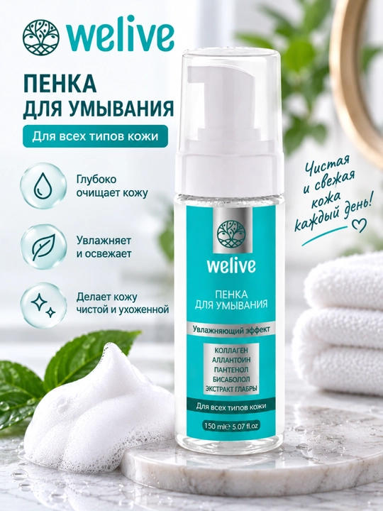 Welive yuz tozalash ko‘pigi — namlovchi ta’sir, muloyim tozalik va yangilik 150 ml