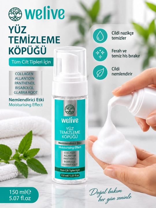 Welive yuz tozalash ko‘pigi — namlovchi ta’sir, muloyim tozalik va yangilik 150 ml