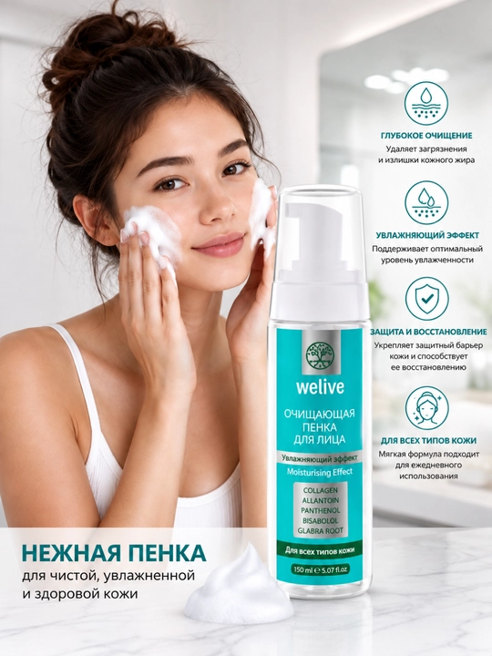 Welive yuz tozalash ko‘pigi — namlovchi ta’sir, muloyim tozalik va yangilik 150 ml