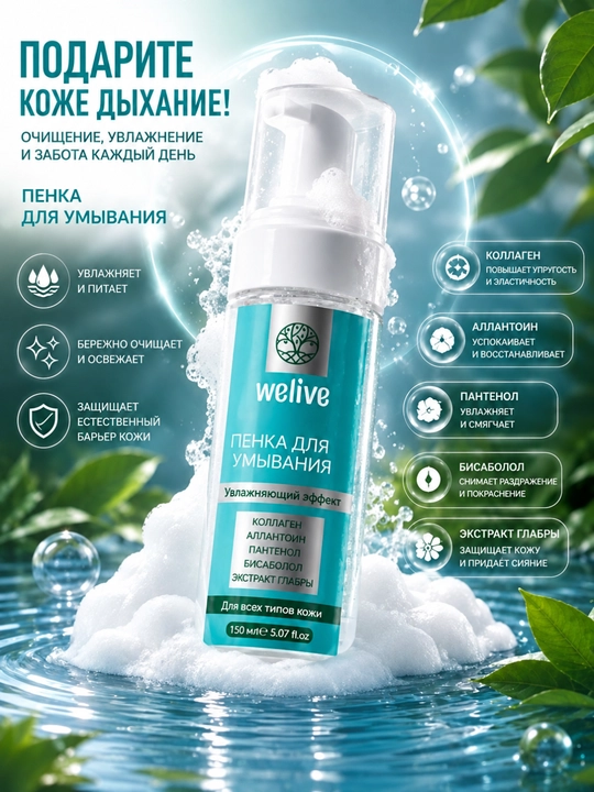 Welive yuz tozalash ko‘pigi — namlovchi ta’sir, muloyim tozalik va yangilik 150 ml