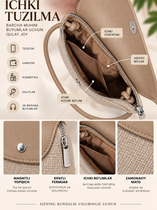 Ayollar uchun 2 talik shopper va mini yelkama sumka to‘plami, 6 xil rangda