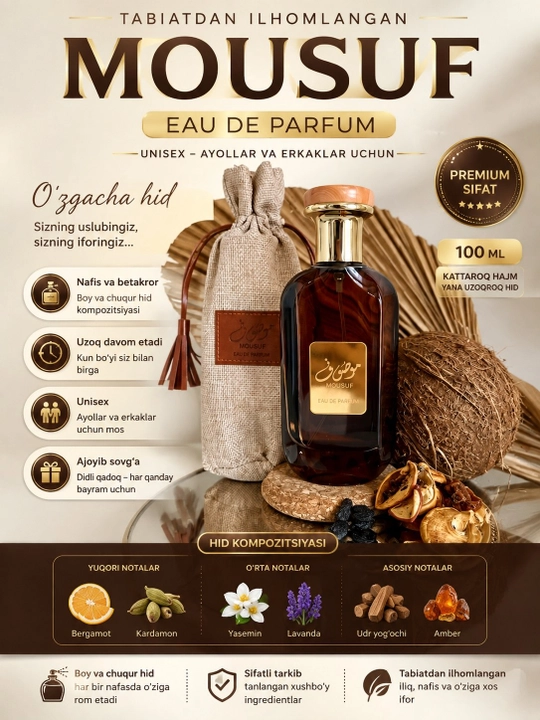 Erkaklar va ayollar uchun parfyumeriya suvi Mousuf, 100 ml - 