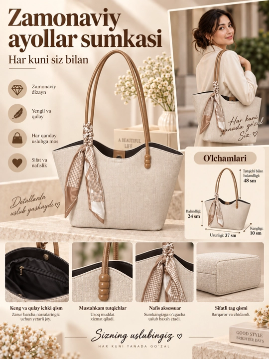 Ayollar uchun 2 talik shopper va mini yelkama sumka to‘plami, 6 xil rangda