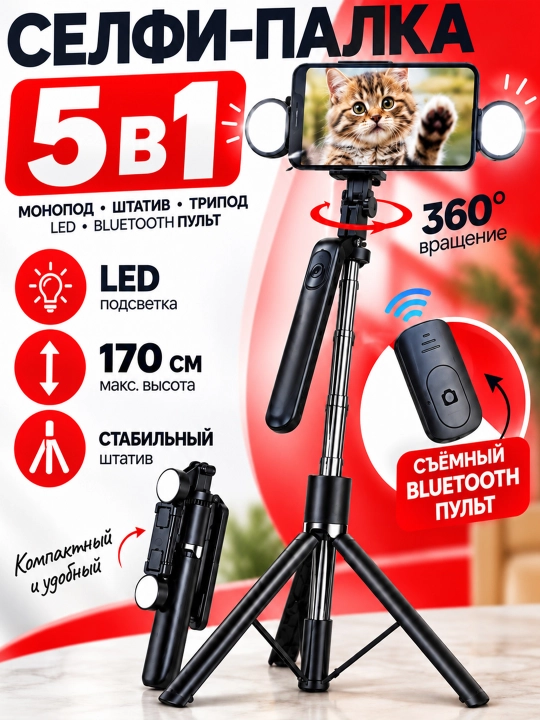 Штатив для телефона, Штатив 170 см, 3 в 1, 2 LED и БЛЮТУЗ: монопод, селфи-палка, трипод - 