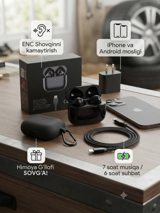 Simsiz quloqchinlar Pods Pro 2 ANC, iPhone va Android uchun, sovg'aga g'ilof