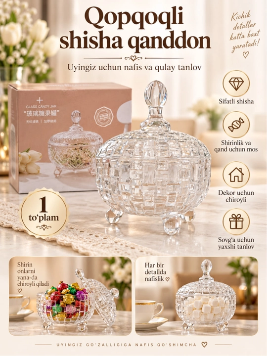 Qopqoqli va oyoqli shisha qanddon — Shirinliklar,qand va mevalar uchun nafis shaffof idish - 