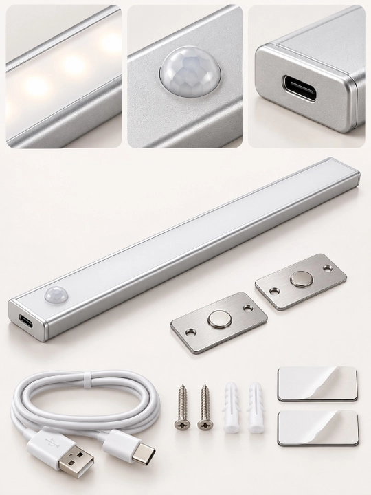 TypeC orqali quvatlanadigan ultrayupqa LED shkaf chirog'i, harakat sensori bilan, 20-60 sm