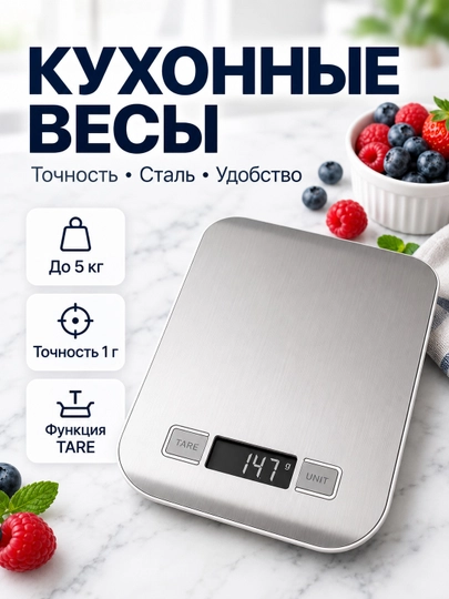 Электронные настольные кухонные весы до 5 кг, нержавеющая сталь, для продуктов и диеты - 
