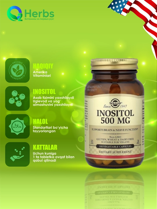 Inositol, Solgar, 500 mg, 100 kapsula - 