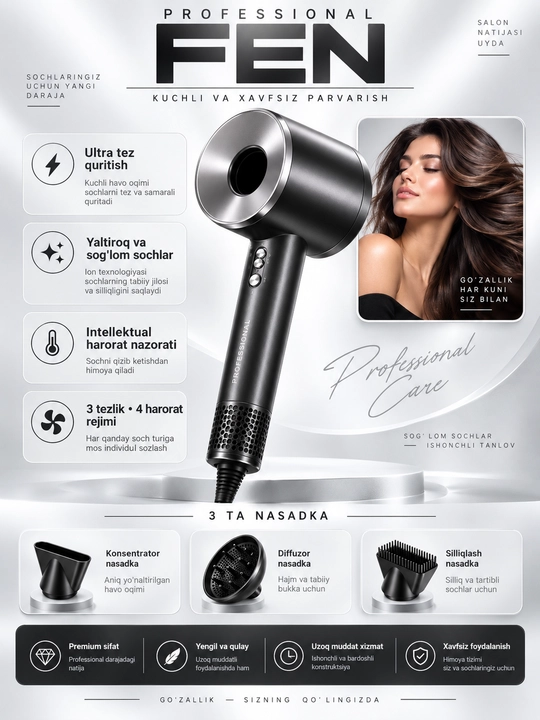 Professional fen, ionli soch quritgich, tez quritish, harorat nazorati - 