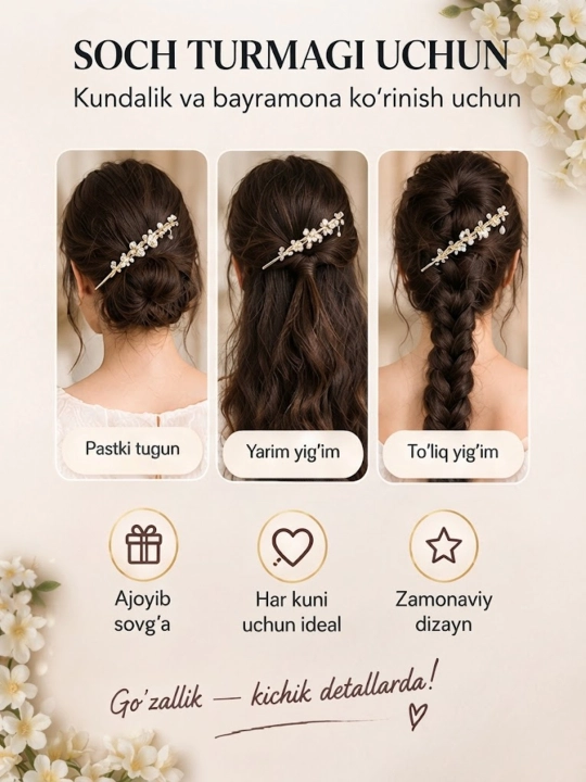 Qizlar va ayollar uchun nafis va bezakli soch tayoqchasi