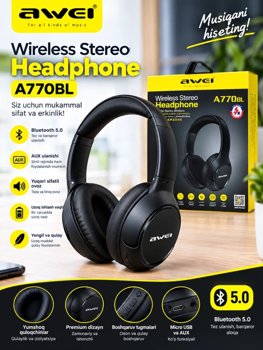 Беспроводные наушники Awei A770BL, Bluetooth 5.0, складывающиеся, TF-карта и AUX - 