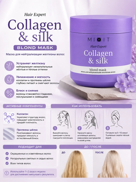 MIXIT Hair Expert Collagen & Silk маска для светлых и окрашенных волос - 