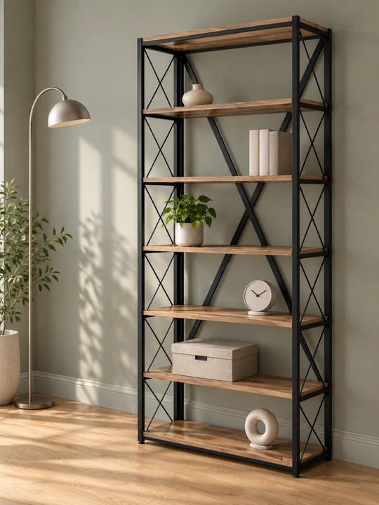 Стеллаж для книг в стиле лофт, 7 полок, металлический каркас, 200×86×34 см - 